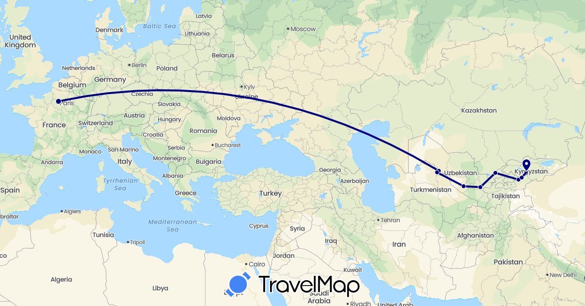 TravelMap itinerary: driving in France, Kyrgyzstan, Uzbekistan (Asia, Europe)
